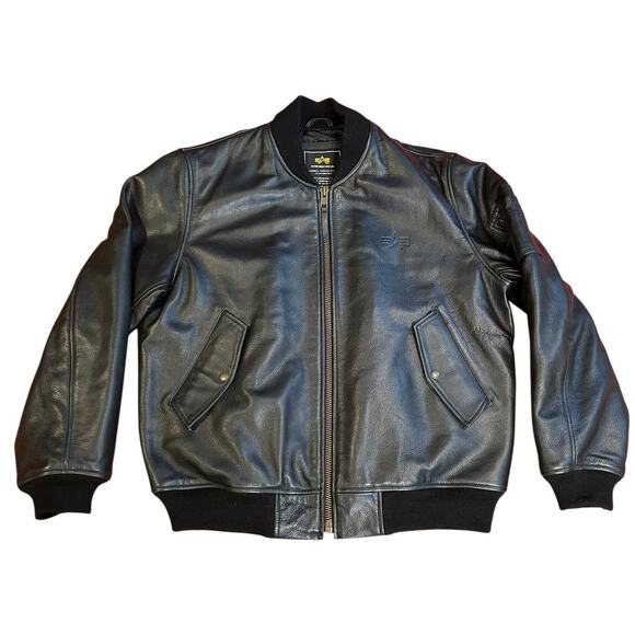 ALPHA INDUSTRIES Black Genuine Leather Full Zip Moto Biker Bomber Jacket LARGE - Picture 1 of 11